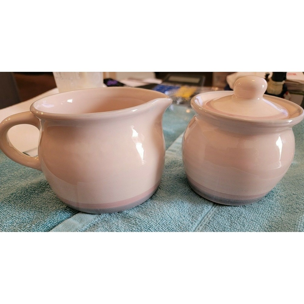 Pfaltzgraff Aura Sugar and Creamer Blue Pink Stoneware Set